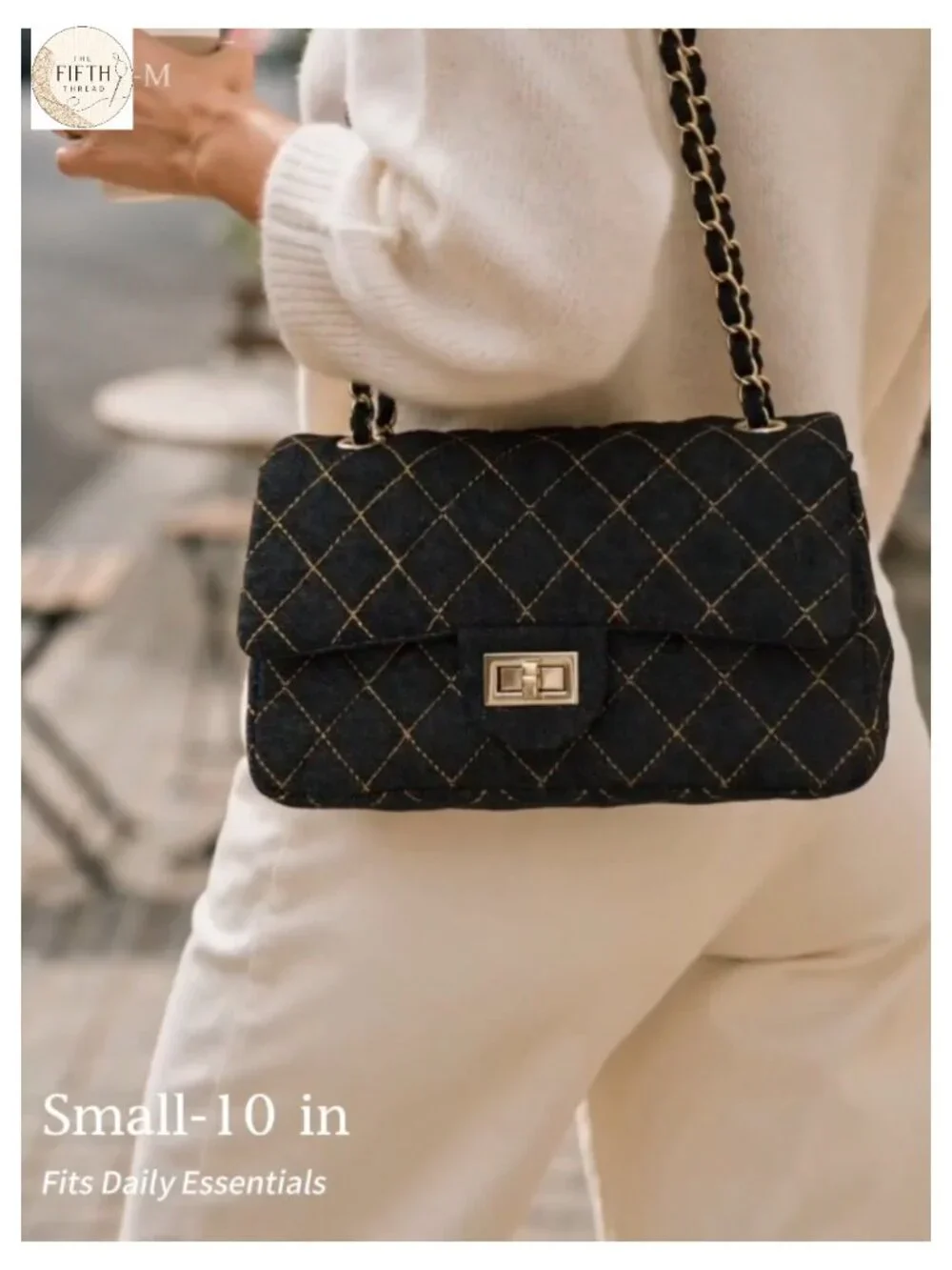 Vintage Quilted Denim Shoulder Bag with Chain Strap Crossbody Purse